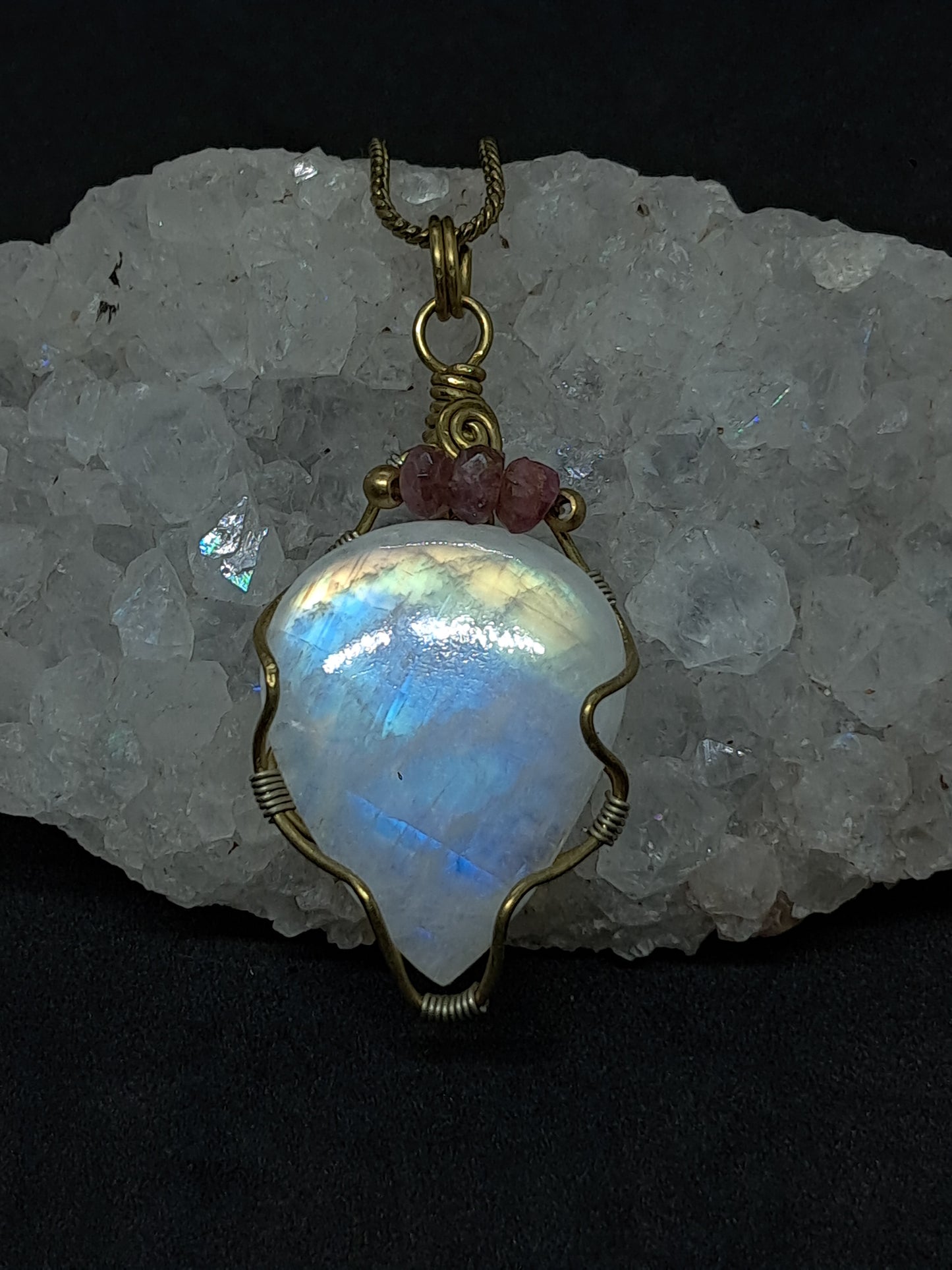 Rainbow Moonstone Pendant w/ Pink Tourmaline Beads | Handcrafted Jewelry | Unique Necklace #JL50