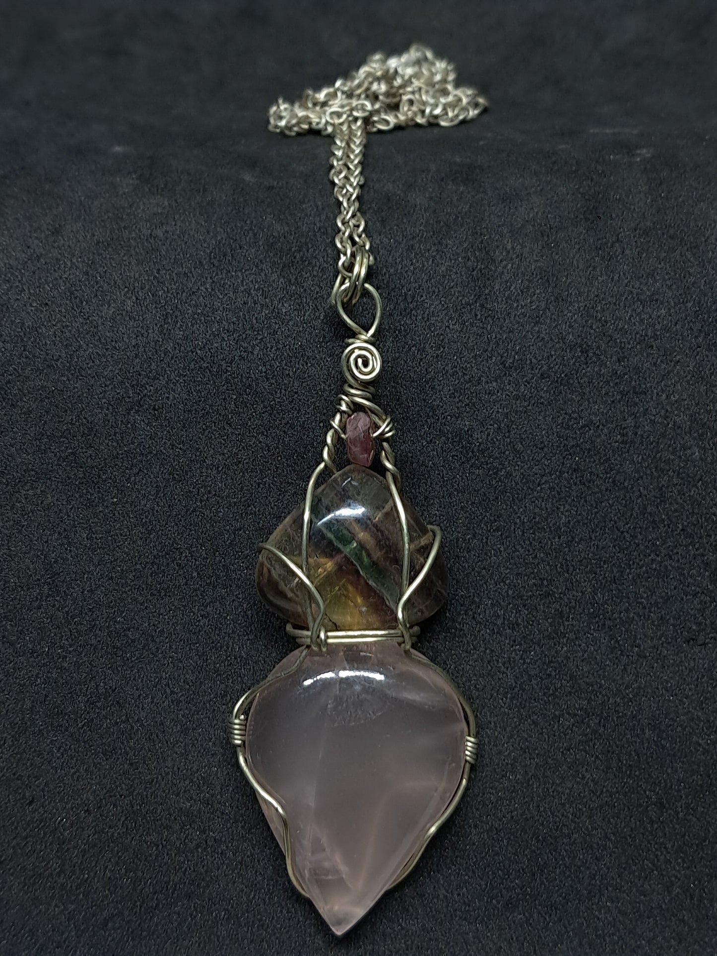 Rose Quartz w/ Rainbow Fluorite and Pink Tourmaline Bead Pendant | Handcrafted Jewelry | Unique Necklace #JL55