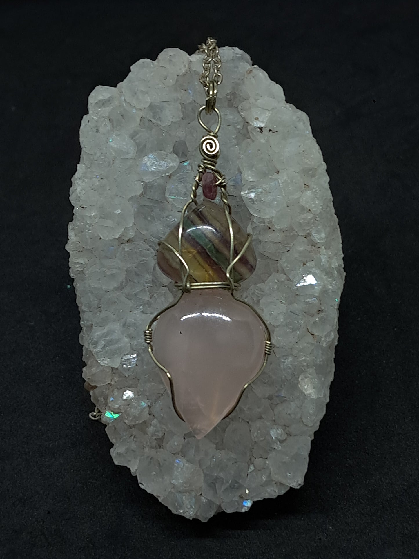 Rose Quartz w/ Rainbow Fluorite and Pink Tourmaline Bead Pendant | Handcrafted Jewelry | Unique Necklace #JL55