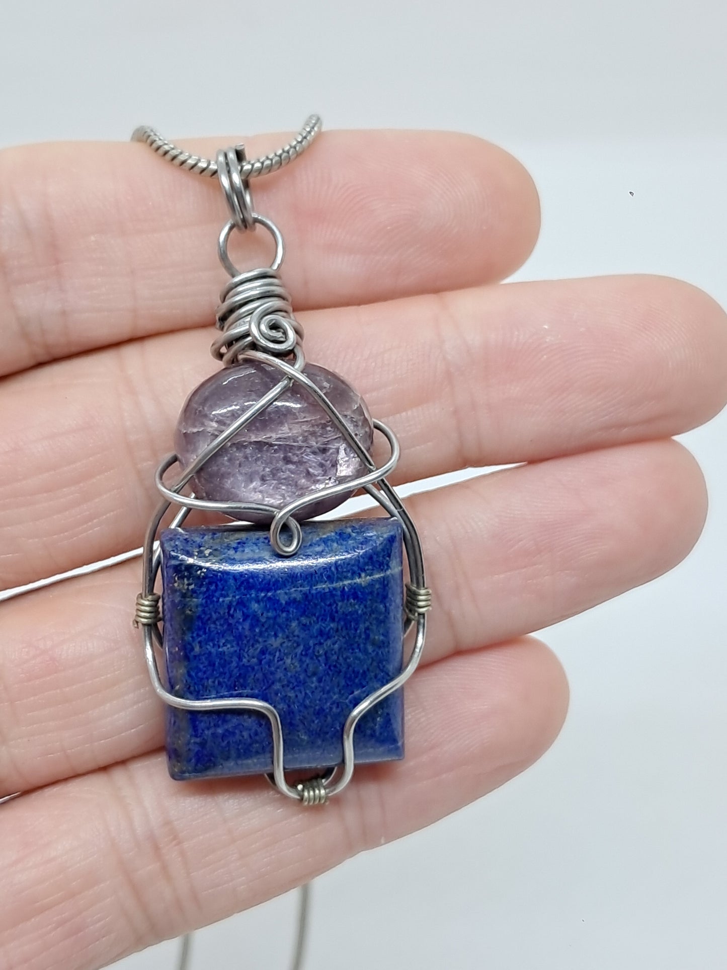 Lepidolite w/ Lapislazuli Pendant | Handcrafted Jewelry | Unique Necklace #JL44