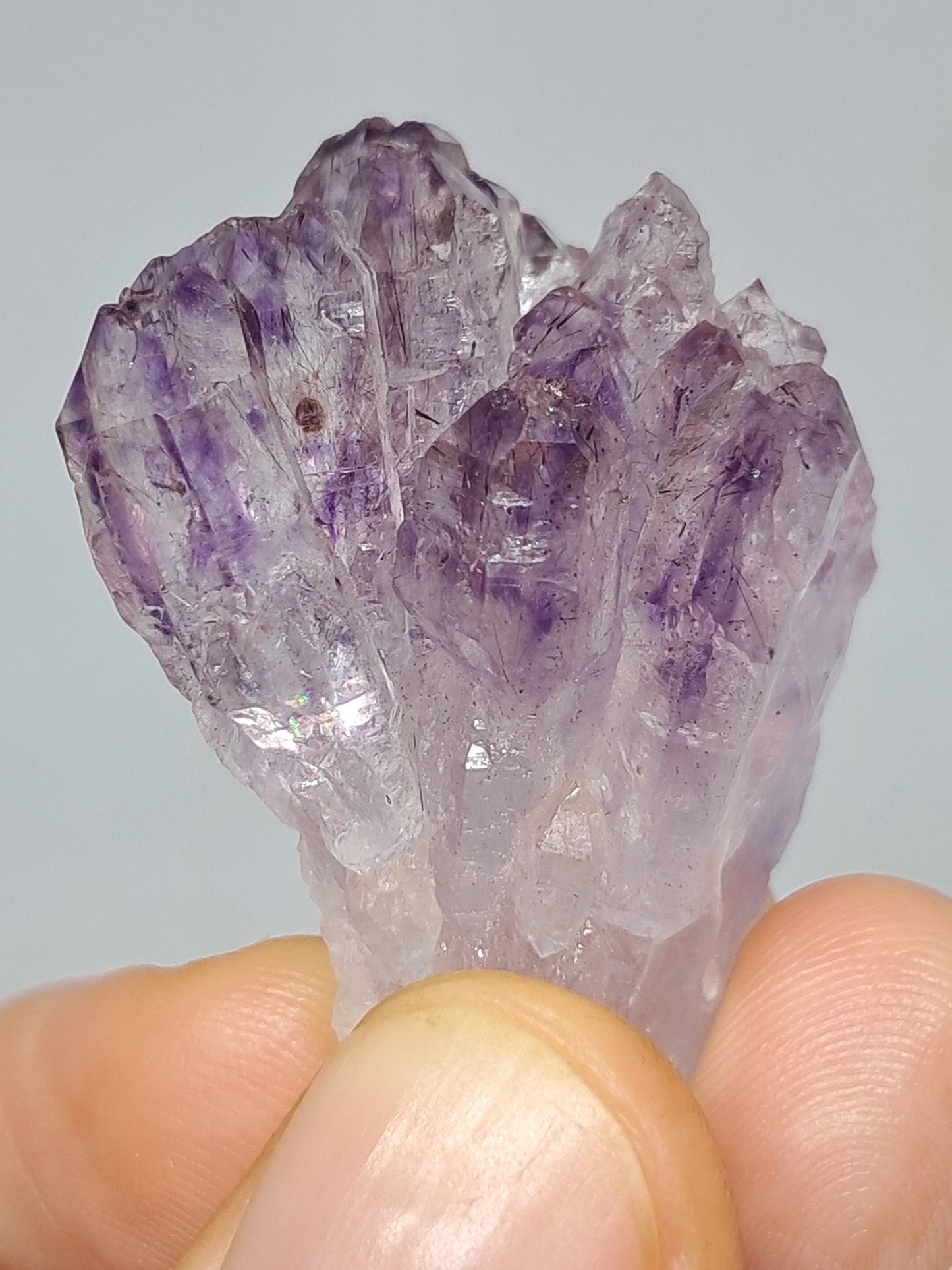 Cúmulo de cetro de amatista con rutilo y arcoíris (Karur) | Piedra natural | Ejemplar mineral n.° KA81