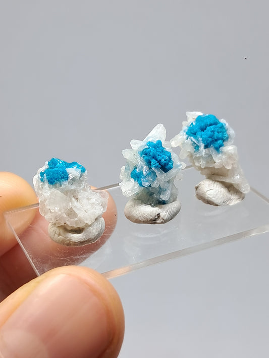 Set of 3 Small Cavansites on Stilbite Matrix (Wagholi) Rough Stone | Natural Crystal | Rare Mineral Specimen #CV39