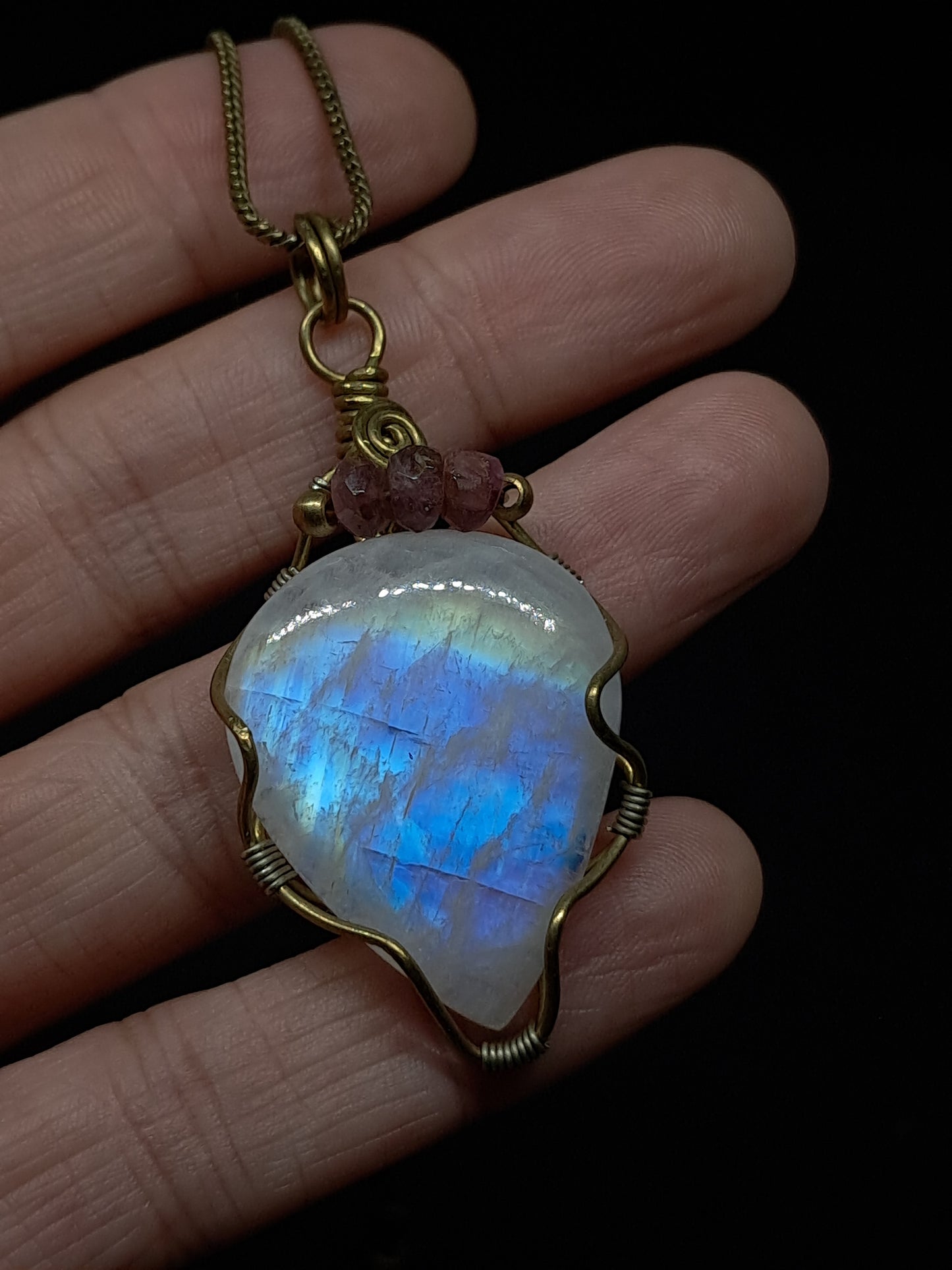Rainbow Moonstone Pendant w/ Pink Tourmaline Beads | Handcrafted Jewelry | Unique Necklace #JL50