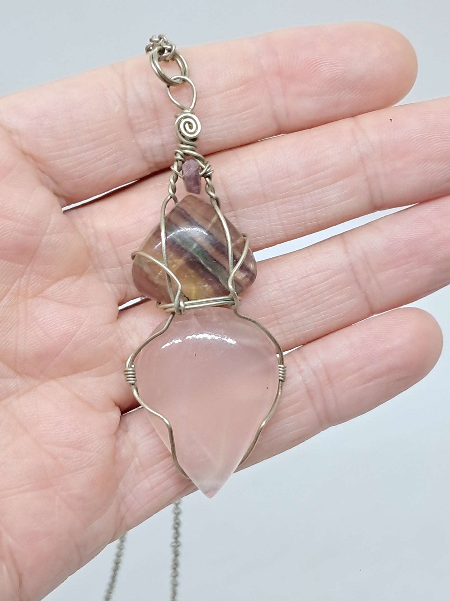 Rose Quartz w/ Rainbow Fluorite and Pink Tourmaline Bead Pendant | Handcrafted Jewelry | Unique Necklace #JL55