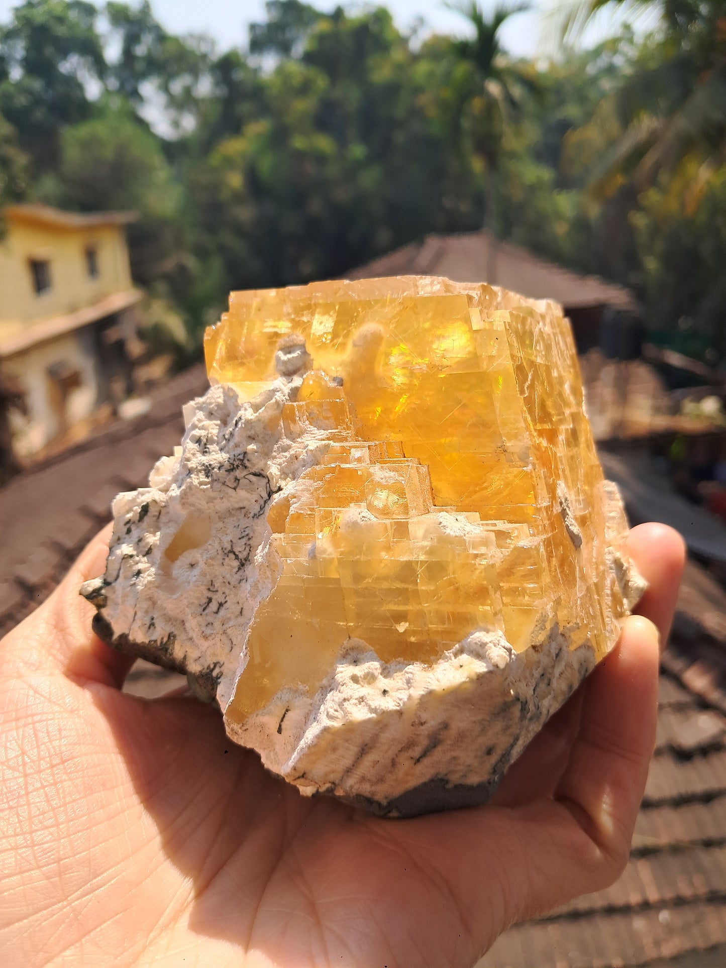 Calcita miel con okenita (India), cristal L en bruto | Piedra natural | Ejemplar mineral n.° CA28