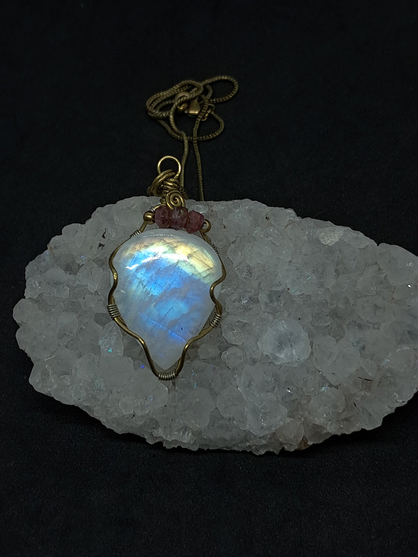 Rainbow Moonstone Pendant w/ Pink Tourmaline Beads | Handcrafted Jewelry | Unique Necklace #JL50