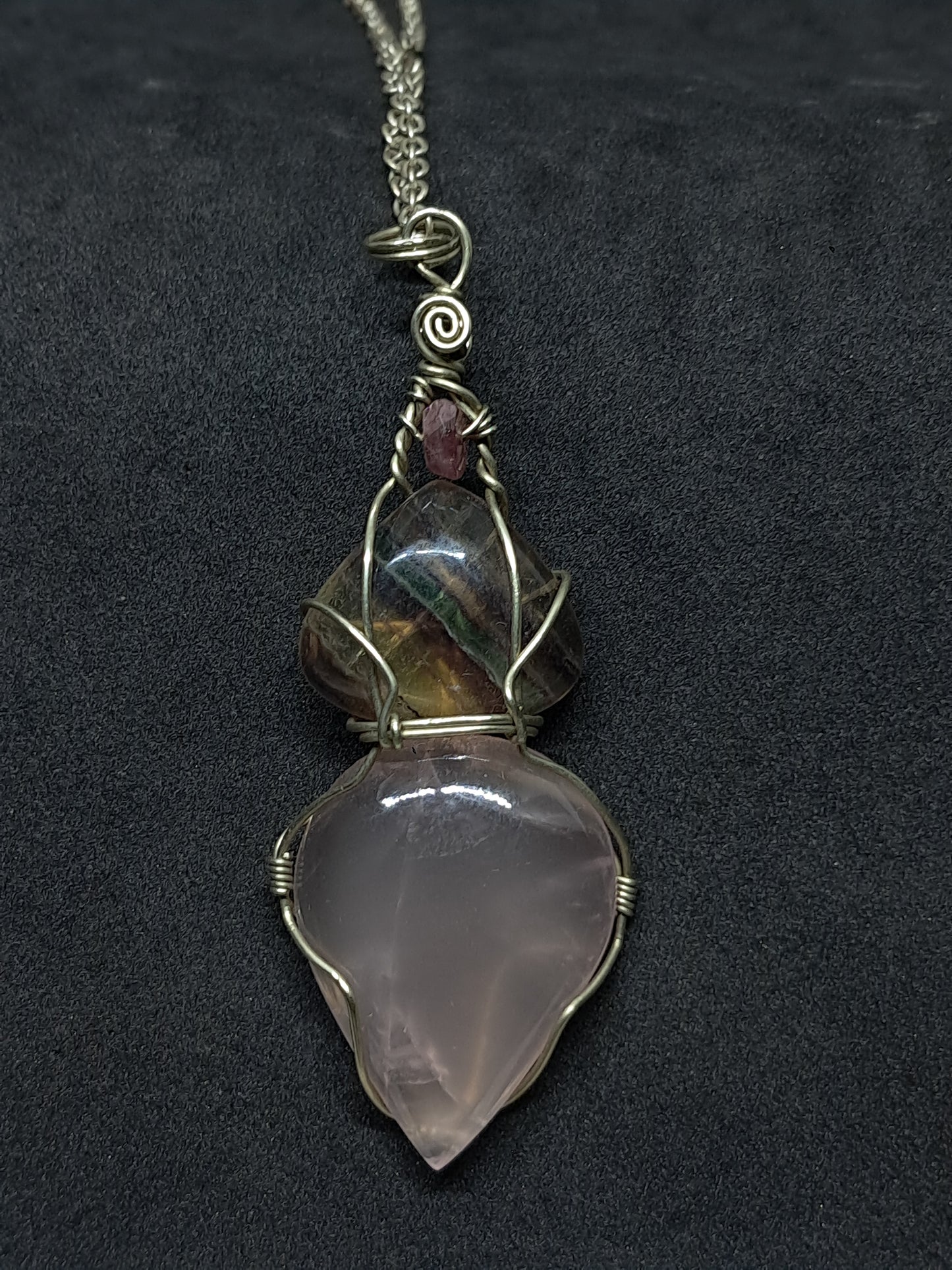 Rose Quartz w/ Rainbow Fluorite and Pink Tourmaline Bead Pendant | Handcrafted Jewelry | Unique Necklace #JL55
