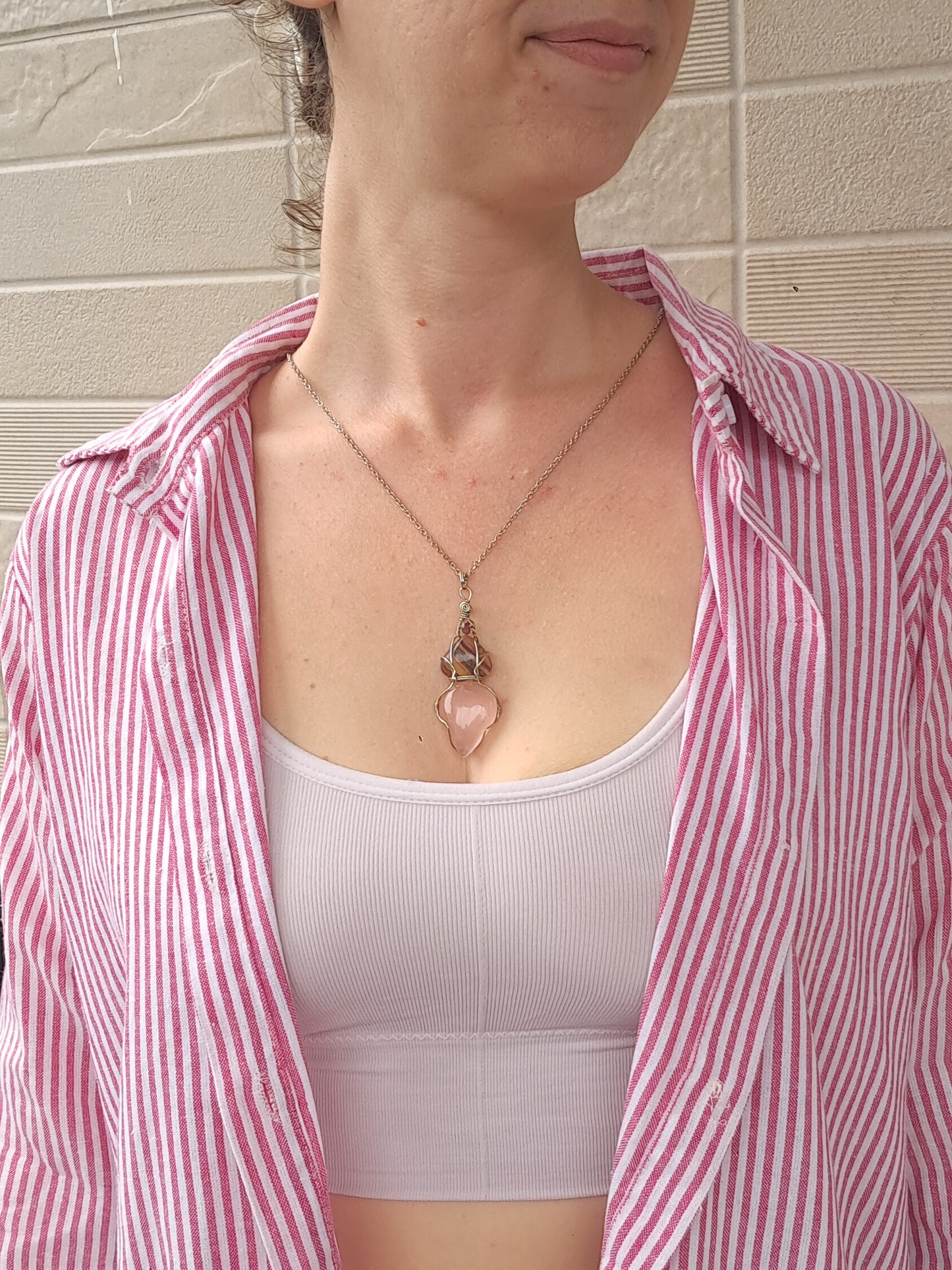 Rose Quartz w/ Rainbow Fluorite and Pink Tourmaline Bead Pendant | Handcrafted Jewelry | Unique Necklace #JL55