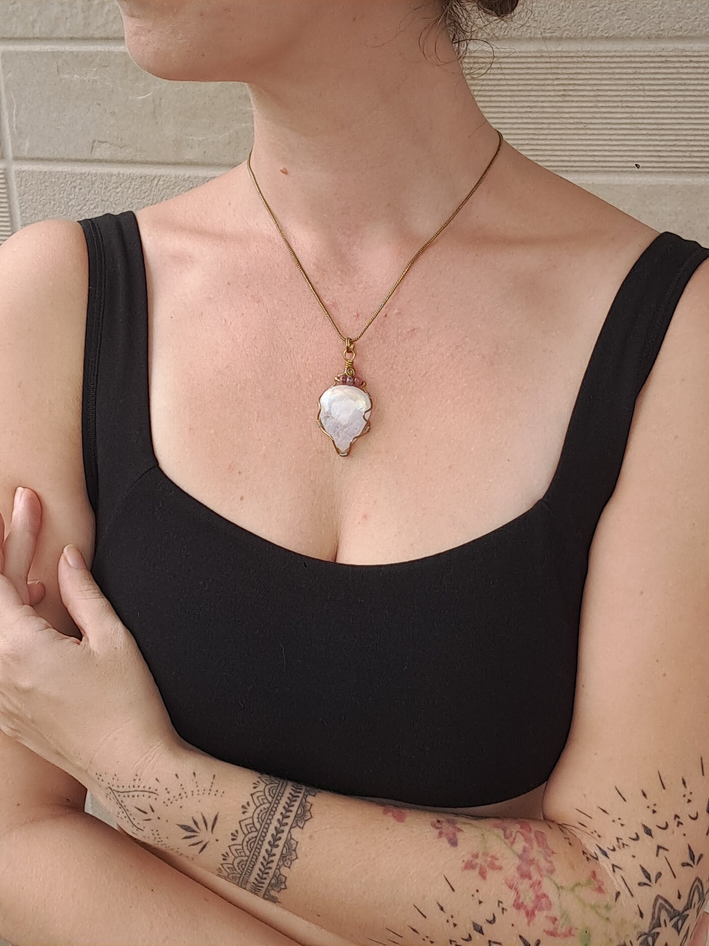 Rainbow Moonstone Pendant w/ Pink Tourmaline Beads | Handcrafted Jewelry | Unique Necklace #JL50