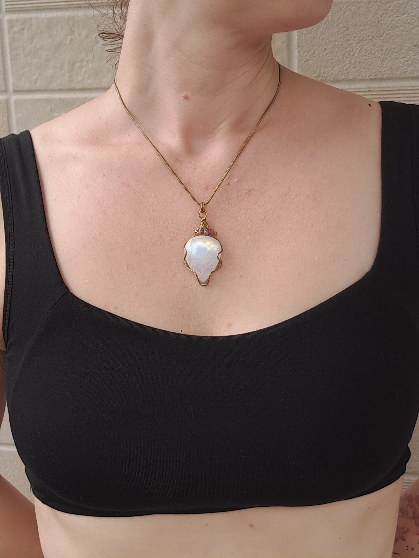 Rainbow Moonstone Pendant w/ Pink Tourmaline Beads | Handcrafted Jewelry | Unique Necklace #JL50
