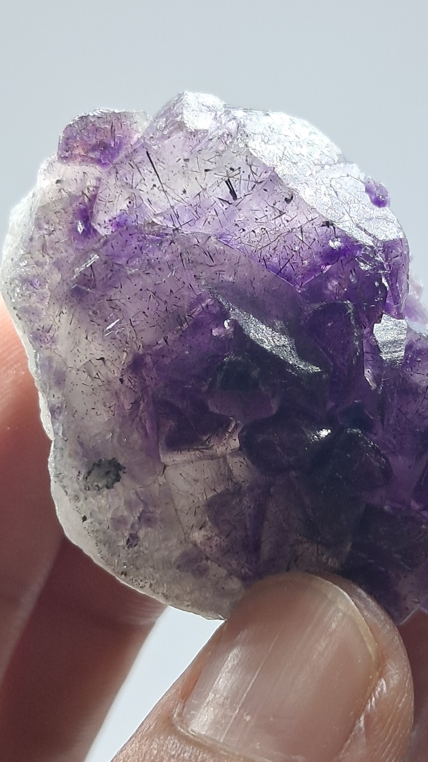 Amatista Elestial Morada Oscura sobre Cuarzo | Inclusiones de Hematita Goethita Rutilo | Cristal Natural | Muestra Mineral #KA193