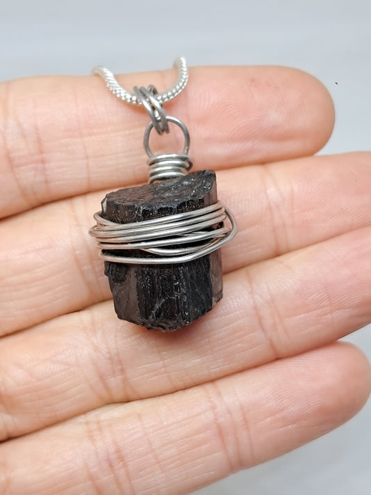 Black Tourmaline Wrapped in Stainless Steel | Handmade Pendant | Handcrafted Jewelry | Necklace | Unisex #JL31